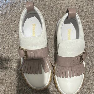 Pollini Cream and Taupe Fringe Sneakers
